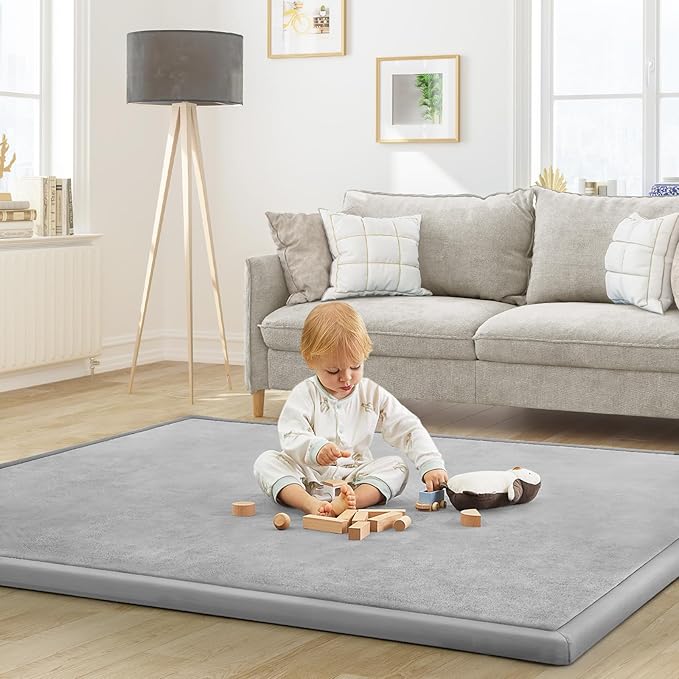 Baby Play Mat for Floor Tummy Time Mat Nursery Rug Muscle Mat Area Rug Playroom Rug Tatami Mat 6'7"x5'11" Memory Foam 1.3" Thick Crawling Mat for Babies,Toddlers, Infants, Kids(Light Gray)-Ruum Studio Home