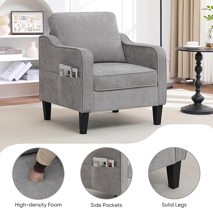 Accent Chairs Set of 2, Upholstered Living Room Chairs with Side Pockets, Mid Century Modern Reading Chair for Bedroom, Comfy Armchair Single Sofa Side Chair for Office, Small Room, Light Grey-Ruum Studio Home