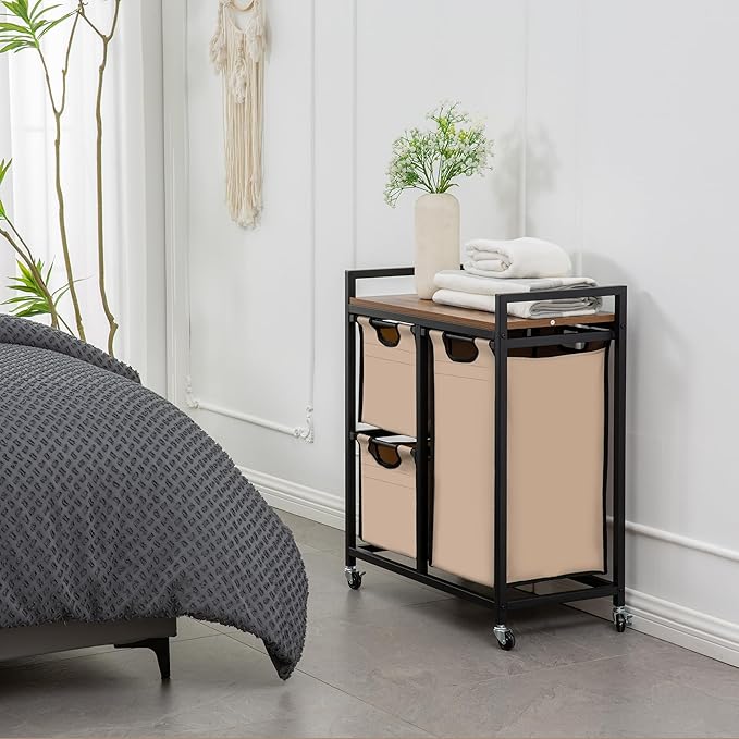 Laundry Basket Organizer - Hampers with 3 Compartments, Sliding Laundry Sorter Bags, Top Storage Shelf, Metal Frame-Ruum Studio Home