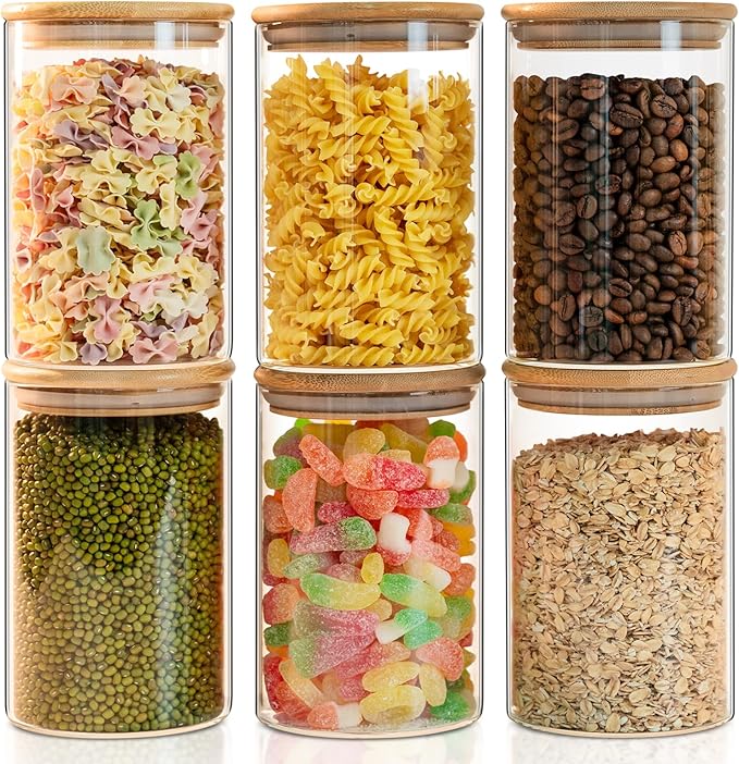 Glass Food Storage Jars 6-Pack 37oz - 4x6 in-Clear Glass Food Canisters with Bamboo Lid Airtight For Serving Tea, Coffee, Flour, Sugar, Candy, Cookie, Spice and More (Circular)-Ruum Studio Home