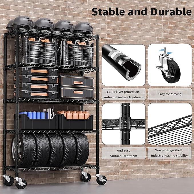 5-Shelf Storage Shelves,Wire Shelving Heavy Duty Metal Storage Shelving Unit Adjustable Garage Shelving Rack Pantry Kitchen (Black, 5 Tier,17.7" D x 47.2" W x 76.7" H)-Ruum Studio Home