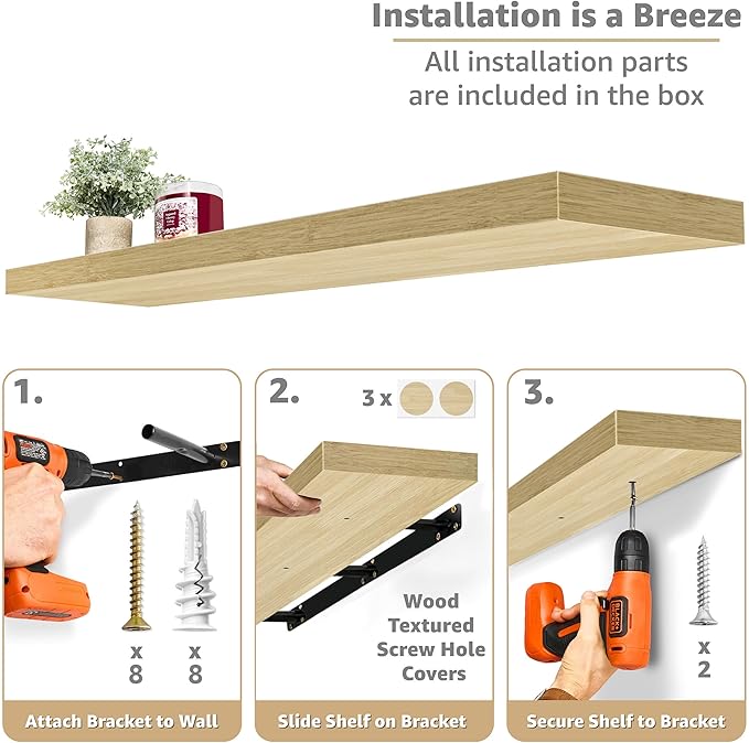 Sorbus Floating Shelves for Wall - 48 Inch Long Bathroom Shelves, Wall Decor for Bedroom, Kitchen, Living Room & Book Storage - Mounted Floating Shelf with Invisible Brackets (Maple Wood, 2 Pack)-Ruum Studio Home