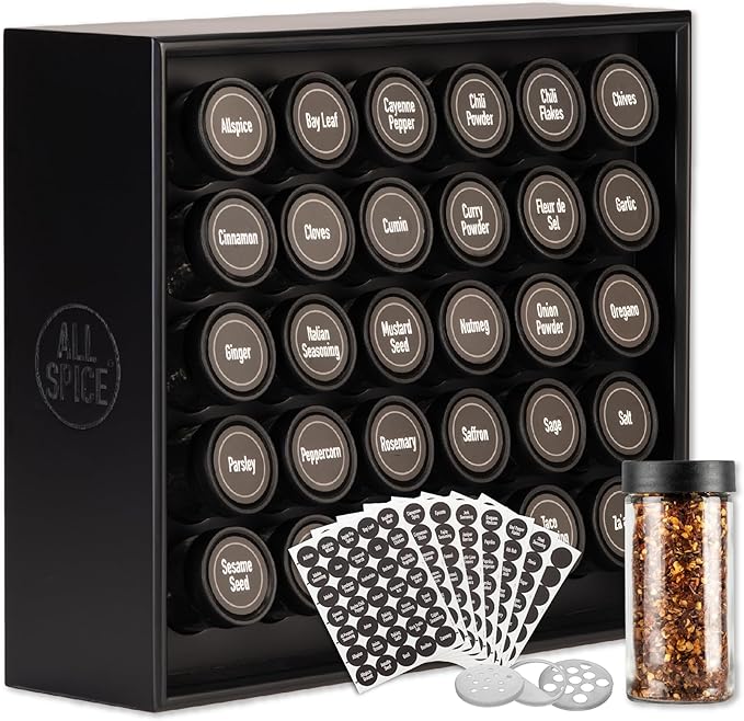 AllSpice Spice Rack Organizer, Wood, 525 Unique Labels, Countertop or Wall Mount, Includes 30 4oz Jars- Matte Black-Ruum Studio Home