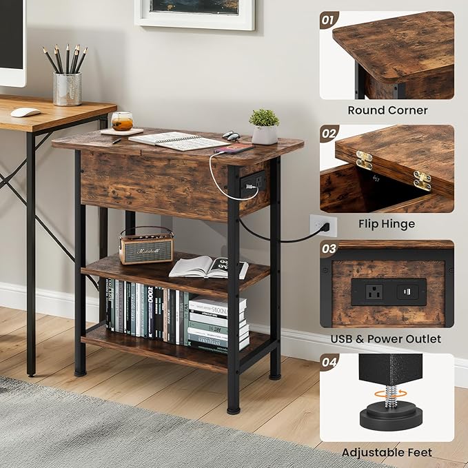 End Table with Charging Station, Flip Top Side Table with USB Ports and Outlets, 3-Tier Small Side Table with Storage for Small Space, End Tables for Living Room/Bedroom, Brown-Ruum Studio Home