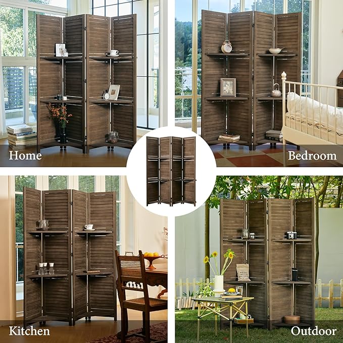 Room Divider with Shelves, 5.6 Ft Tall Folding Wood Screen with Double Hinges for Home Office Bedroom Hotel Decoration (4 Panels, Brown)-Ruum Studio Home