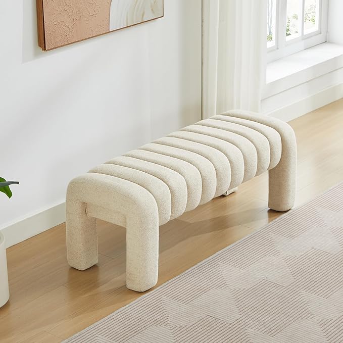 43.3" Bedroom Bench, Upholstered Entryway Bench, Modern End of Bed Ottoman with Solid Wood Legs and Adjustable Foot Pegs for Entryway, Dining Room and Living Room (Beige Linen)-Ruum Studio Home