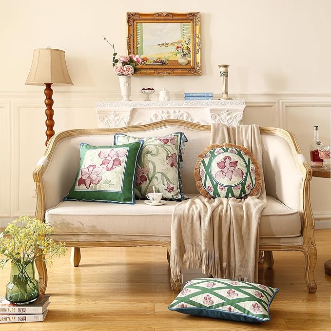 patdrea Designer Throw Pillow Covers Set of 4,French Elegant Green Linen with Iris Floral Collection Pattern Pillow Covers,Decorative Lumbar Square Round Pillowcases Cushion for Bed Living Room-Ruum Studio Home