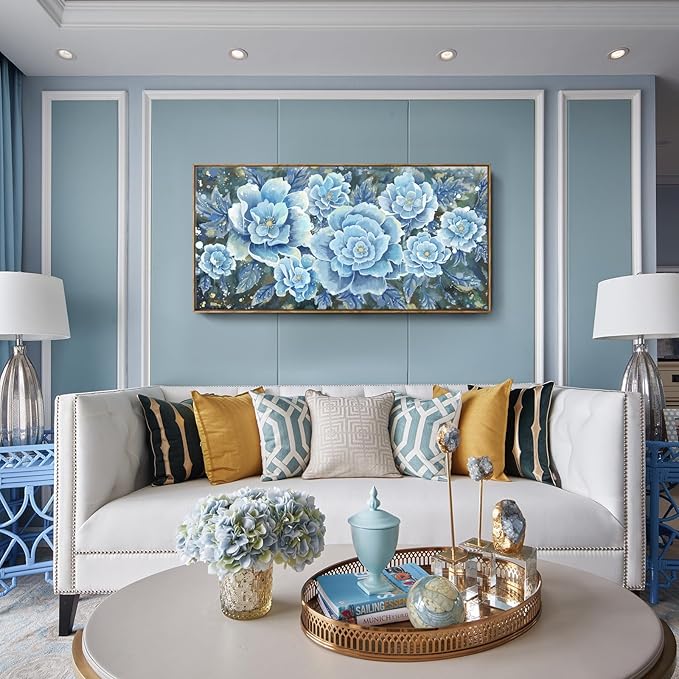 Large Blue Wall Art Decor Modern Framed Wall Picture for Living Room Bedroom Office Decor Floral Canvas Art Prints Botanical Wall Picture Abstract Peony Flower Horizontal Artwork Ready to Hang 48x24-Ruum Studio Home