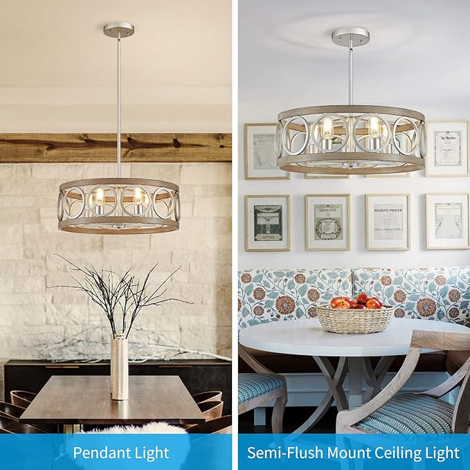 XINGQI 21.7'' Modern Farmhouse Chandelier Drum Pendant Lighting Fixture Hanging Ceiling Lamp for Living Dining Room Over Table, 5 Lights Antique Wood Grain Brushed Nickel with Round Metal-Ruum Studio Home