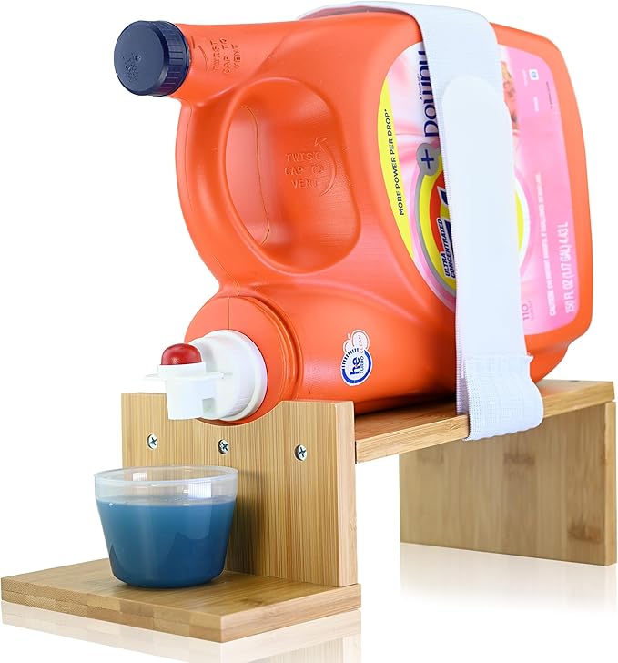 TidyFriend Laundry Detergent Dispenser with Tray & Strap, Laundry Soap Dispenser with Non-Slip Rubber Feet for Washing Room Organization, Easy Pour (Wood)-Ruum Studio Home