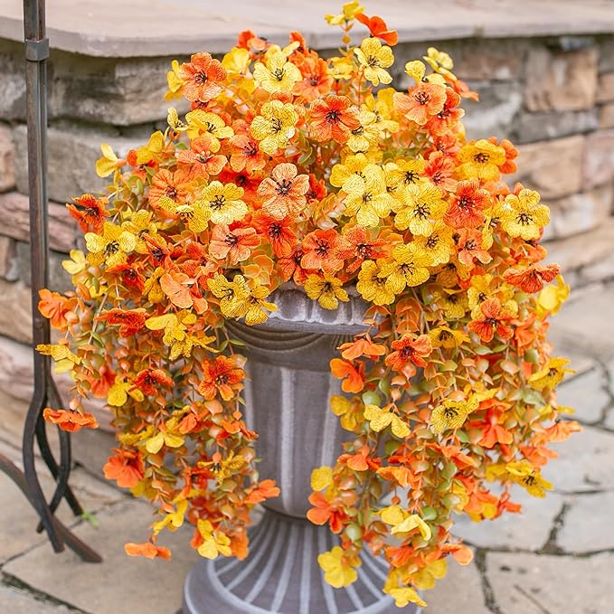 INSPRING Artificial Fall Flowers for Outdoors Decoration, 2Pcs Fake Fall Light Orange & Yellow Hanging Flowers, Faux Autumn Decor for Porch Patio Balcony Planter, Realistic Arrangement-Ruum Studio Home