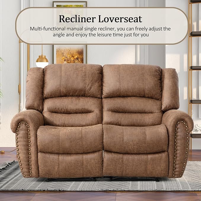 CANMOV Faux Leather Manual Loveseat Recliner, 2 Seat Reclining Chair, Overstuffed Comfortable Arms and Back Recliner Chair, Couch Set for Living Room, Bedroom Furniture, Office,Nut Brown-Ruum Studio Home