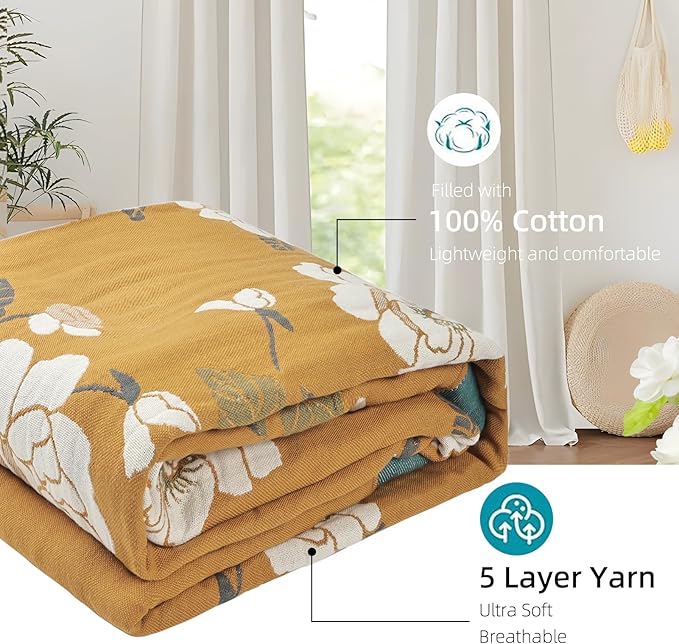 Boho Throw Blanket for Bed - 100% Pure Cotton Ultra Soft Rustic Quilt - Farmhouse Decor Bed Blankets, All Season Rustic Throw for Sofa Couch Chair(60"×80", Flower Branch 2)-Ruum Studio Home