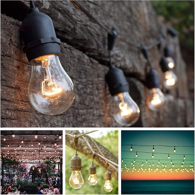 Hometown Evolution, Inc. 100 Foot E26 Outdoor Commercial String Lights with Suspended Socket for Weatherproof Heavy Duty Vintage Outside Lighting - Set of 50 A15 Clear Bulbs-Ruum Studio Home