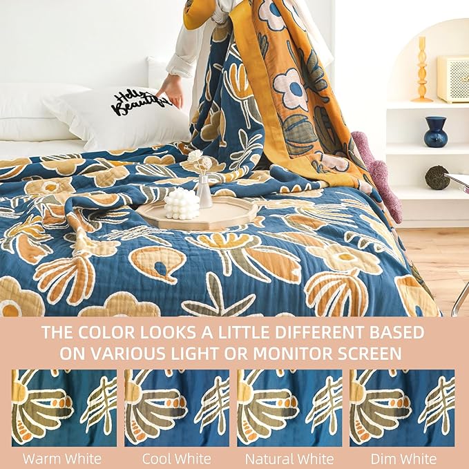Boho Throw Blanket for Bed - 100% Pure Cotton Ultra Soft Rustic Quilt - Farmhouse Decor Bed Blankets, All Season Rustic Throw for Sofa Couch Chair(91''x 98'', Floral)-Ruum Studio Home