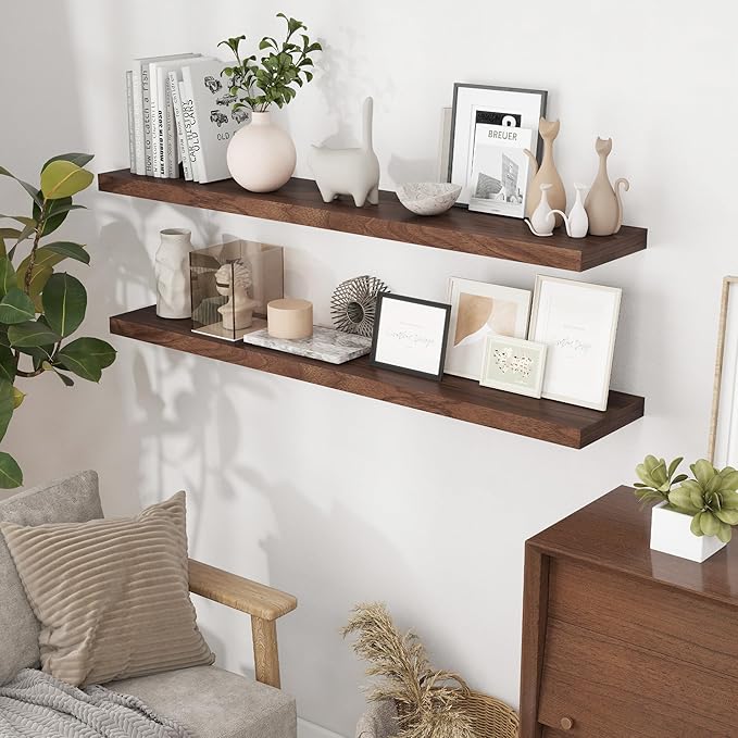 55 Inch Floating Shelves Set of 2, Rustic 55 x 9 Floating Shelf for Wall, 9 Inch Deep Wall Shelves Invisible Bracket, Large Deep Shelving for Bedroom, Kicten, Living Room, Walnut Color-Ruum Studio Home