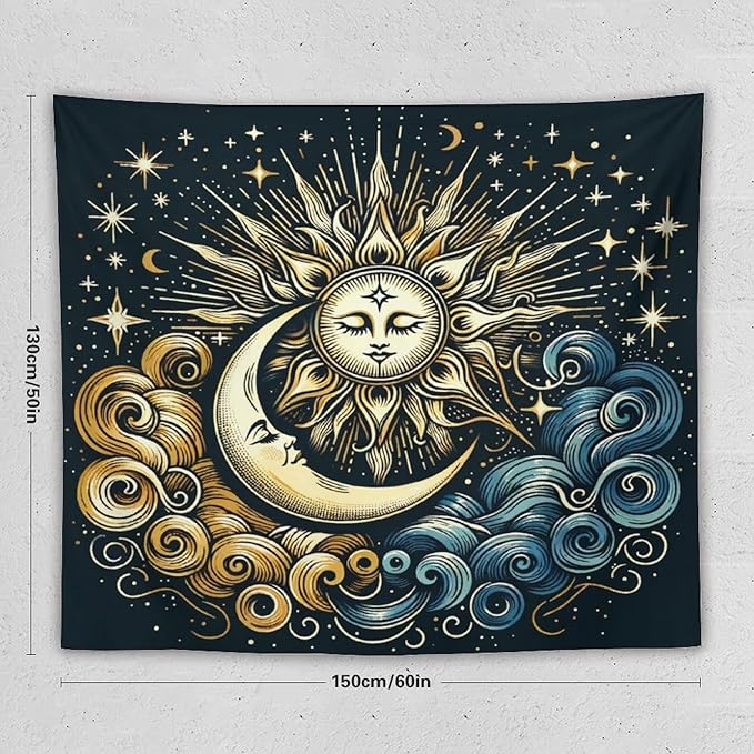 HZOHNAGO Sun Moon Tapestry Boho Golden Stars Pattern Printed Wall Tapestry Wall Hanging for Bedroom Living Room Dorm 60" W x 50" H-Ruum Studio Home