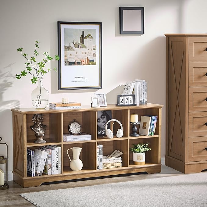 Farmhouse 8 Cube Bookshelf, Storage Organizer Bookcase, Kids Toy Storage Cabinet, Long Bookshelves Storage Organizer Shelf, Wood Display Cabinet Book Shelves for Bedroom,Living Room, Natural Oak-Ruum Studio Home