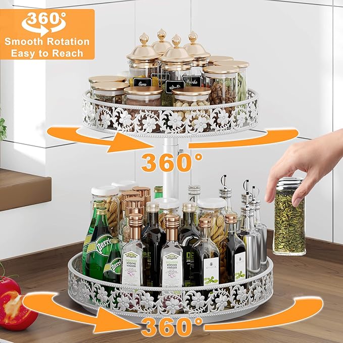 2 Tier Lazy Susan Organizer Turntable Adjustable,12 Inch Two Tier Lazy Susan Metal Easy Assembly Cleaning, Rotating Spice Rack Organizer for Cabinet Dining Table Kitchen Countertop White-Ruum Studio Home