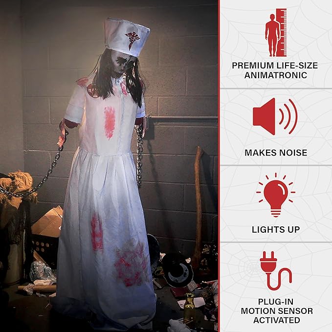 Haunted Hill Farm Life-Size Animatronic Convulsing Nurse by Tekky Halloween Decoration with Motion-Activated Sounds-Ruum Studio Home