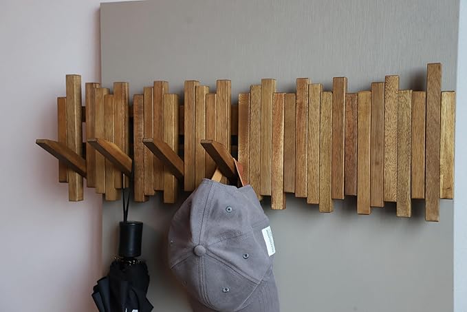 Natural Wood Wall Mounted Piano Coat Rack| Coat Rack Wall Mount| Flip Down Wall Hook Rack 7 Hooks| Entryway Wall Art Hook,Made of Acacia Wood (Wood Wax Oil staining Light Brown).-Ruum Studio Home