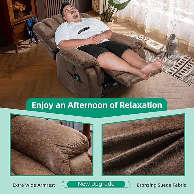 VIVIJASON Large Dual OKIN Motor Power Lift Recliner Chair for Elderly Big Man, 180° Lay Flat Electric Recliner with Heat & Massage, Infinite Position, 2 Remote Controls, Side Pockets & USB Port, Brown-Ruum Studio Home