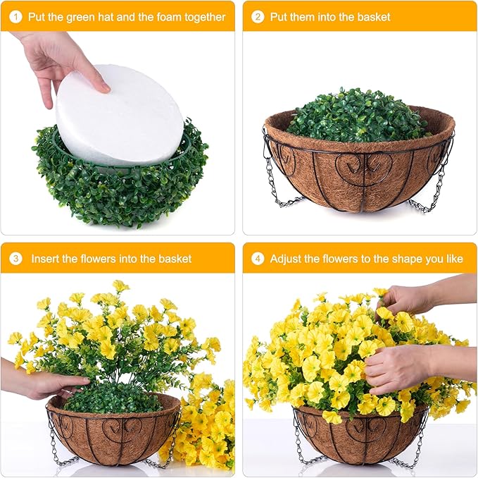 Artificial Fall Flowers Fake Hanging Plants Flowers Basket for Outdoors Autumn Decoration, Yellow Silk Morning Glory with Eucalyptus Look Real UV Resistant Faux Flowers for Outside Porch Patio Balcony-Ruum Studio Home