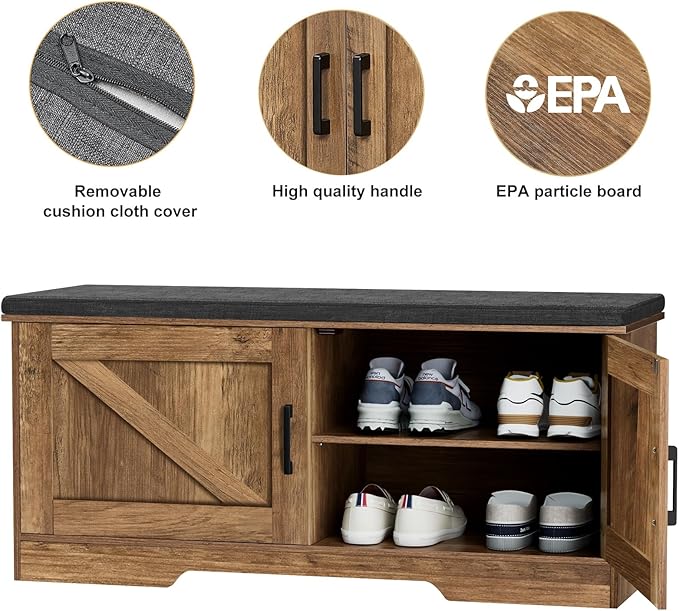 2-Tier Storage Bench, Shoe Bench with Padded Seat Cushion, Entryway Bench with 2 Barn Doors, Adjustable Shelf, 13.8" D x 39.4" W x 17.7" H, for Entryway, Living Room, Bedroom, Rustic Walnut-Ruum Studio Home