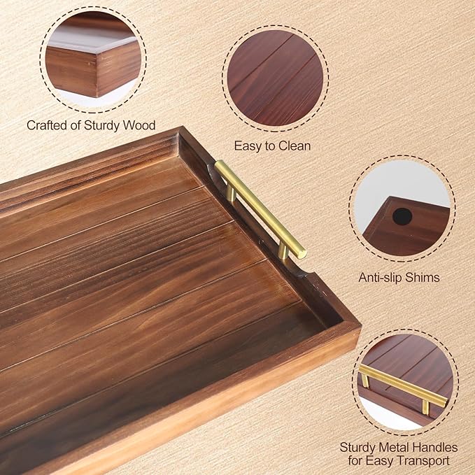 Coffee Table Tray - Large Ottoman Trays for Living Rooms - Wood Serving Tray with Handles(2 Sets) - Wooden Tray for Coffee Table, 4 Round Coasters Included, Dark Brown-Ruum Studio Home