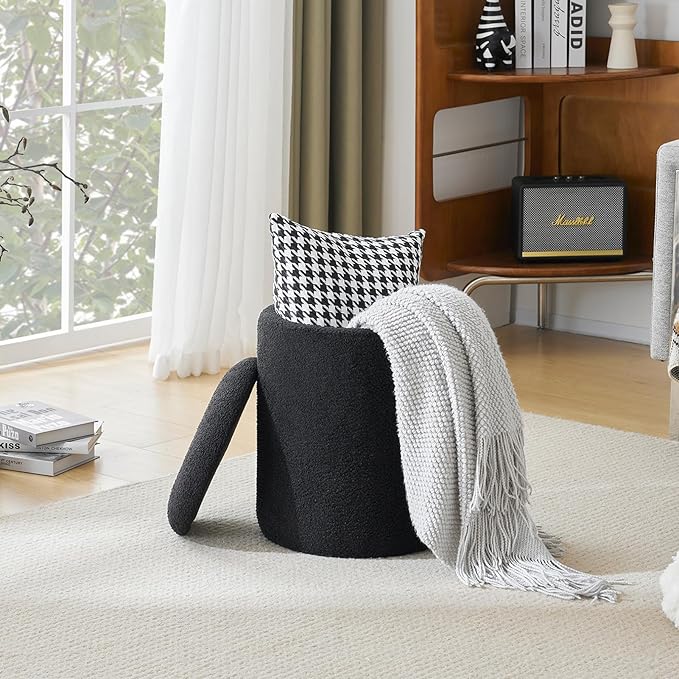 YFO Round Boucle Ottoman with Storage, Multifunctional Upholstered Vanity Chairs for Makeup, Soft Padded Seat with Removable Lid, Modern Rest Stool Seat for Living Room, Bedroom, Black-Ruum Studio Home