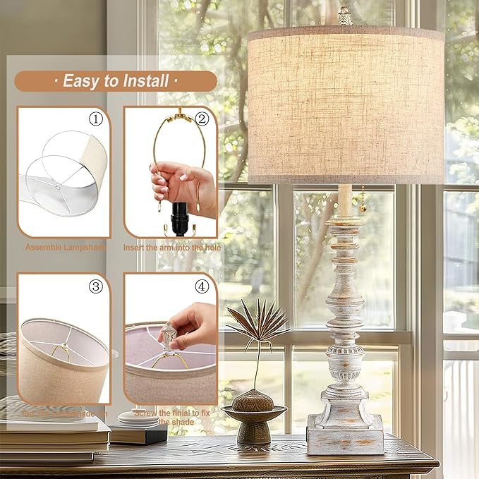 Set of 2 Farmhouse Table Lamps for Living Room, 29.5" Inch Tall Rustic Bedrooms Nightstand Table Lamp with USB-C & USB-A Charging + AC Outlet, Pull Chain Bedside Lamp for End Table, Antique White-Ruum Studio Home