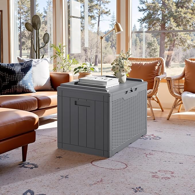 JUMMICO 100 Gallon Resin Deck Box with Cushion, Waterproof Outdoor Storage Box with Lockable Lid for Garden Tools, Patio Cushions (Gray)-Ruum Studio Home