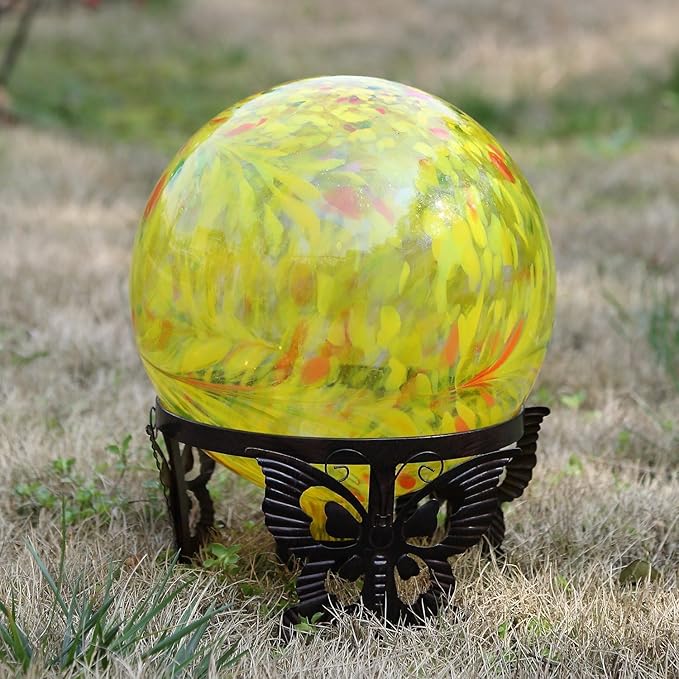 Gazing Ball 10 inch Colorful Glass Gazing Ball for Garden Decor, Indoor Outdoor Glass Gazing Globe Yard Decoration, Yellow-Ruum Studio Home
