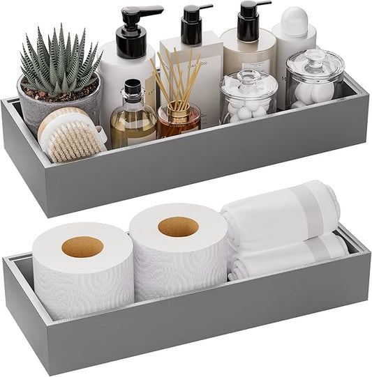 Kitchen Drawer Organizer Bins, Stackable Bamboo Drawer Organizer for Silverware, 2 Pcs Toilet Paper Basket Holder, Wood Bathroom Tray Countertop, Toilet Tank Tray Silver 15" x 6" x 2.5"-Ruum Studio Home