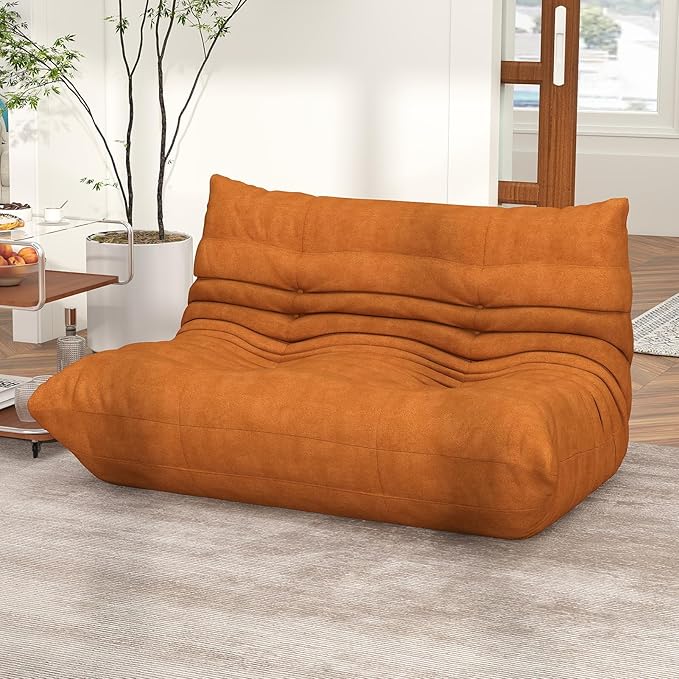 Full Foam Loveseat Sofa,Adults Bean Bag Chairs Floor Couch with Soft Waterproof Fabric,Armless Fireside Lounge Chair for Living Room,Apartment and Office (DarkOrange)-Ruum Studio Home
