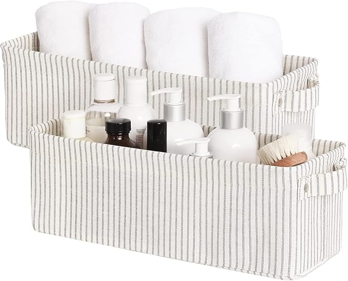 StorageWorks Narrow Storage Bins, Small Basket for Closet and Shelves, Fabric Organizer with Handles, Toilet Paper Storage, Gray and White Stripes, 2-Pack-Ruum Studio Home