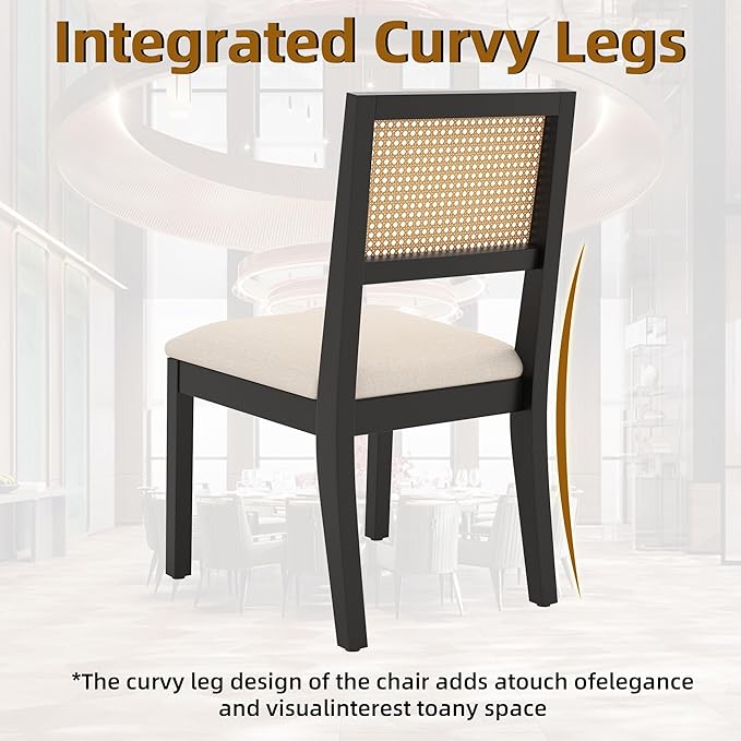 Westice Rattan Dining Chairs Set of 4, Farmhouse Natural Dining Room Chairs with Upholstered Cushion, Wood Armless Chairs for Kitchen/Restaurant, Black-Ruum Studio Home