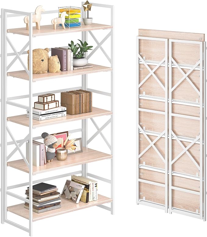 4NM 5 Tiers No Assembly Book Shelves, 51.2" H Folding Bookshelf Bookcase Open Industrial Foldable Shelves for Bedroom, Living Room, Home Office - Natural White-Ruum Studio Home