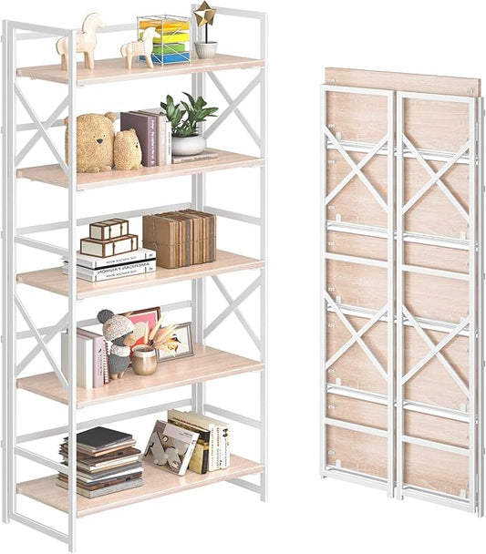 4NM 5 Tiers No Assembly Book Shelves, 51.2" H Folding Bookshelf Bookcase Open Industrial Foldable Shelves for Bedroom, Living Room, Home Office - Natural White-Ruum Studio Home