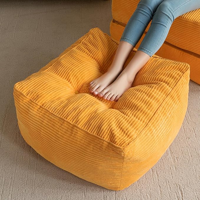 HIGOGOGO Square Stuffed Pouf Ottoman, Corduroy Poufs with Foam Chunk Filling, Furry and Fluffy Pouf Foot Stool Storage Ottoman, 25.6 X 25.6 Floor Poufs Foot Rest for Living Room, Orange-Ruum Studio Home