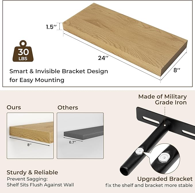RICHFOCUS 24Inch Floating Shelves for Wall 2 Pack Shelves for Bedroom|Kitchen|Bathroom Wall Mounted Rustic Wood Floating Shelf with Invisible Brackets for Books|Storage|Decor, Oak-Ruum Studio Home