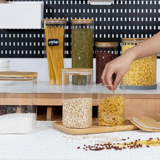 52oz Airtight Glass Square Storage Canister with Bamboo Lid Set of 3 (1550ml) Container Stackable Spice Jar, Kitchen Canister for Flour, Cookies, Cereal and Coffee beans (‎with Black Lable)-Ruum Studio Home