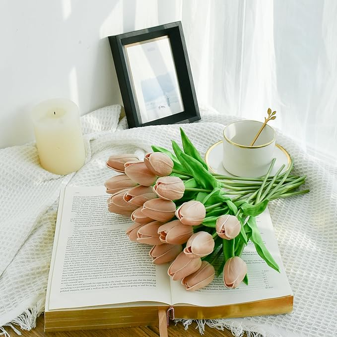 Mandy's Artificial Tulips 20 Stems Light Brown PU Faux Flowers for Wedding Home Decor 13.5 Inch-Ruum Studio Home