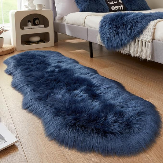 AMTOVO Faux Sheepskin Rug, Dark Blue Ultra Soft Fluffy Shag Area Rug, 2 x 6 ft Faux Fur Rug for Bedroom Sofa Throw Cushion Room Decor, Sheepskin-Ruum Studio Home