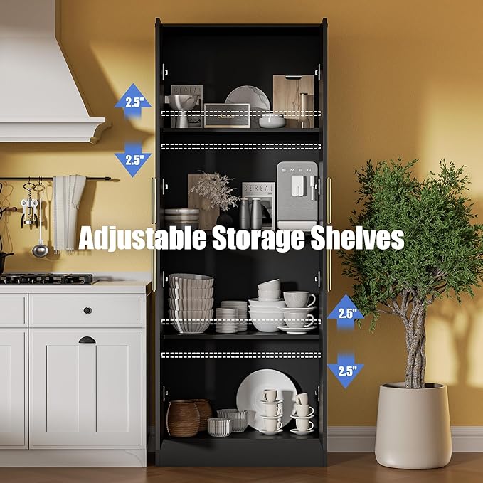 71" Tall Pantry Cabinet, 4 Doors Kitchen Pantry Storage Cabinet, Freestanding Larder Cupboard, Kitchen Hutch with Gold Handles for Dining Room, Bathroom, Black-Ruum Studio Home