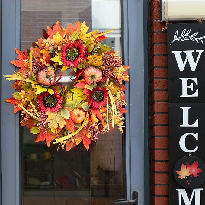 Fall Wreaths for Front Door 24 Inch- Full&Realistic Autumn Maple Leaves Wreath,Large Fall Door Wreath with Sunflower,Pumpkin,Berries for Thanksgiving Harvest Festival Decorations-Ruum Studio Home