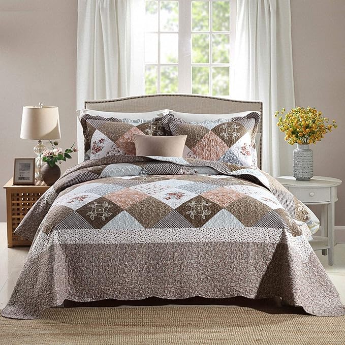 NEWLAKE Quilt Bedspread Sets-Checkered Floral Reversible Coverlet Set,Queen Size-Ruum Studio Home