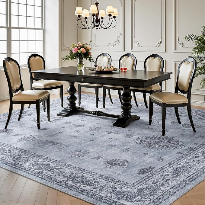 AMOAMI-Vintage Area Rug 8X10 Blue Rugs for Living Room-Soft Living Room Rug Non Slip Rugs for Bedroom Carpet Machine Washable Rug for Dining Room Bedside Office Room Decor-Ruum Studio Home