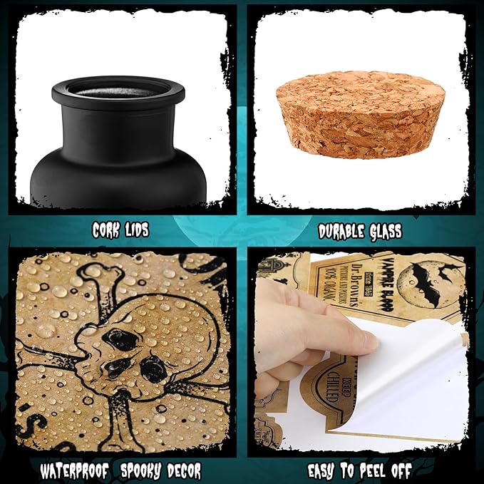 Umigy 3 Pcs Vintage Glass Potion Bottles with Cork Lid Black Halloween Tiered Tray Decoration 12 Apothecary Bottles Jars Stickers Labels Halloween Table Home Bathroom Decorations Indoor-Ruum Studio Home