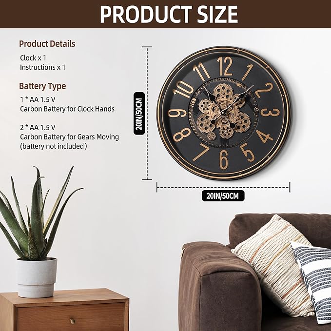 Maxstar Large Moving Gear Wall Clock,20" Vintage Mechanical Battery Operated Industrial Wall Clocks for Farmhouse Living Room,Home Office, Dinning Room, Kitchen, Steampunk Decor-Gold,Arab Numeral-Ruum Studio Home